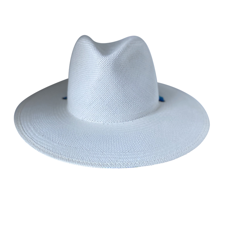 Khia Tullae The Amani white toquilla straw wide-brim hat with a blue and green tie-dye silk ribbon half band, front product cutout