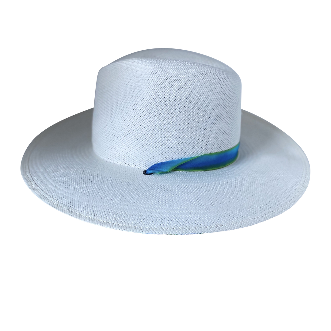 Khia Tullae The Amani white toquilla straw wide-brim hat with a blue and green tie-dye silk ribbon half band, right-side product cutout