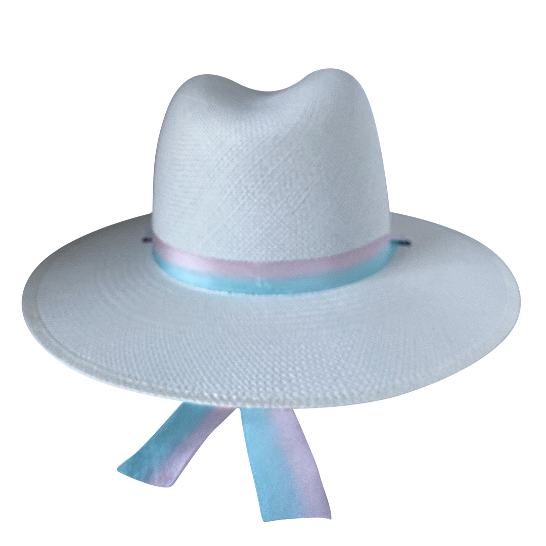 Khia Tullae The Audrey white toquilla straw wide-brim hat with pastel blue and pink silk drop-down ribbon, back product cutout