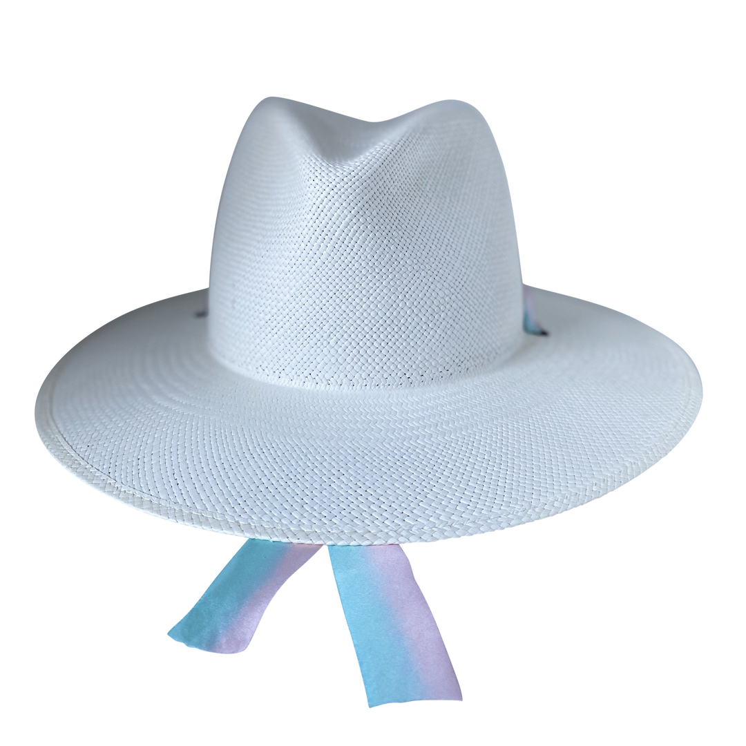 Khia Tullae The Audrey white toquilla straw wide-brim hat with pastel blue and pink silk drop-down ribbon, front product cutout
