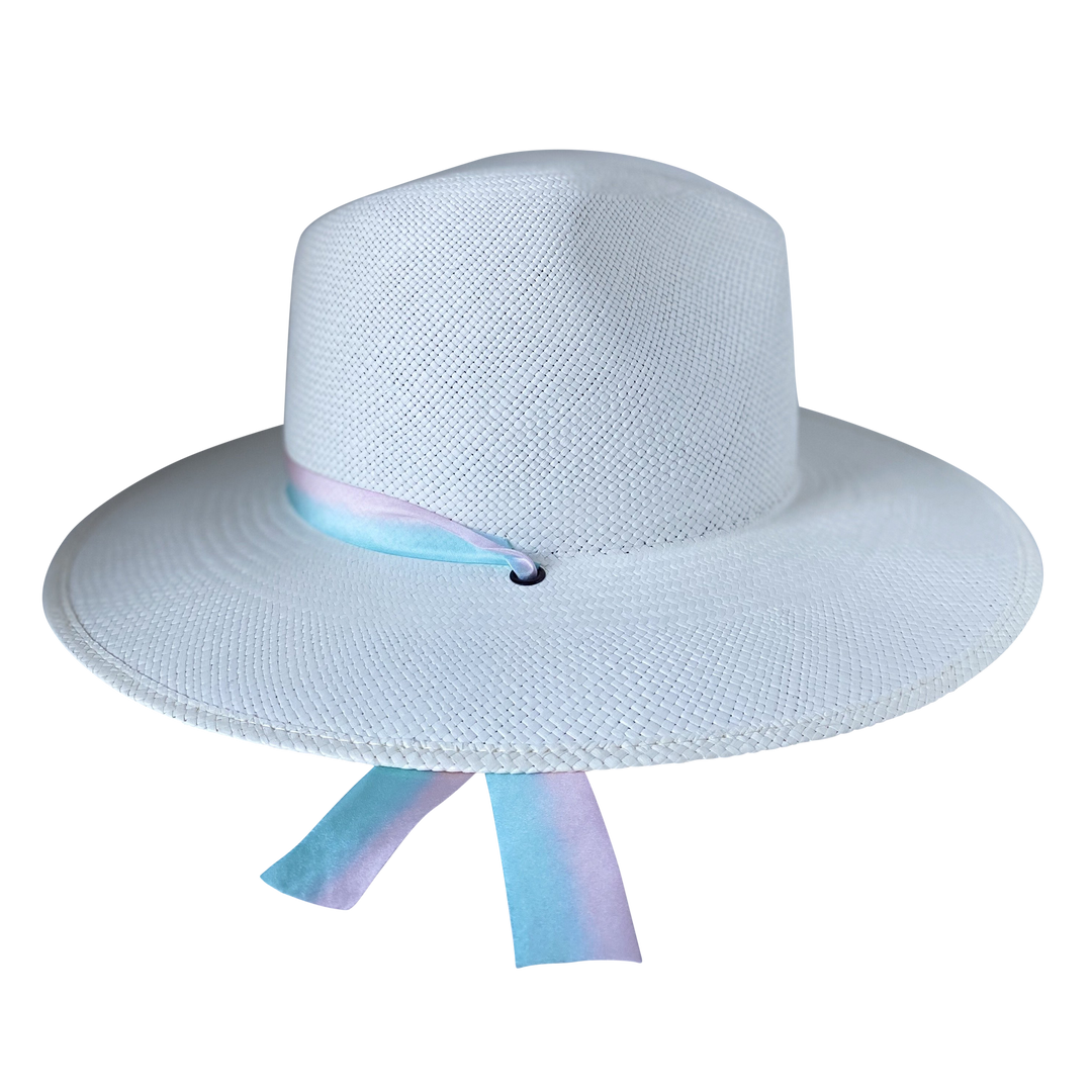 Khia Tullae The Audrey white toquilla straw wide-brim hat with pastel blue and pink silk drop-down ribbon, left-side product cutout