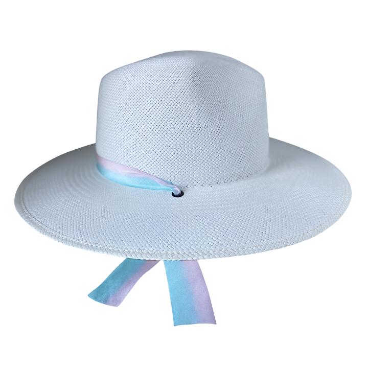 Khia Tullae The Audrey white toquilla straw wide-brim hat with pastel blue and pink silk drop-down ribbon, left-side product cutout