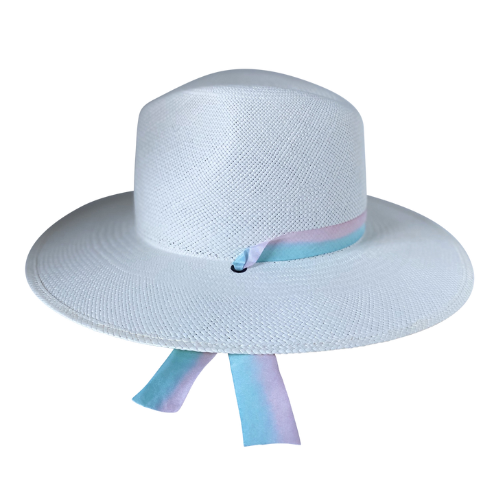 Khia Tullae The Audrey white toquilla straw wide-brim hat with pastel blue and pink silk drop-down ribbon, right-side product cutout