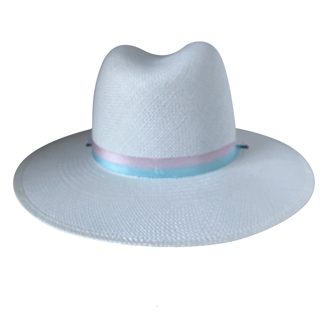 Khia Tullae The Audrey white toquilla straw wide-brim hat with a pastel pink and blue silk ribbon half band, back product cutout