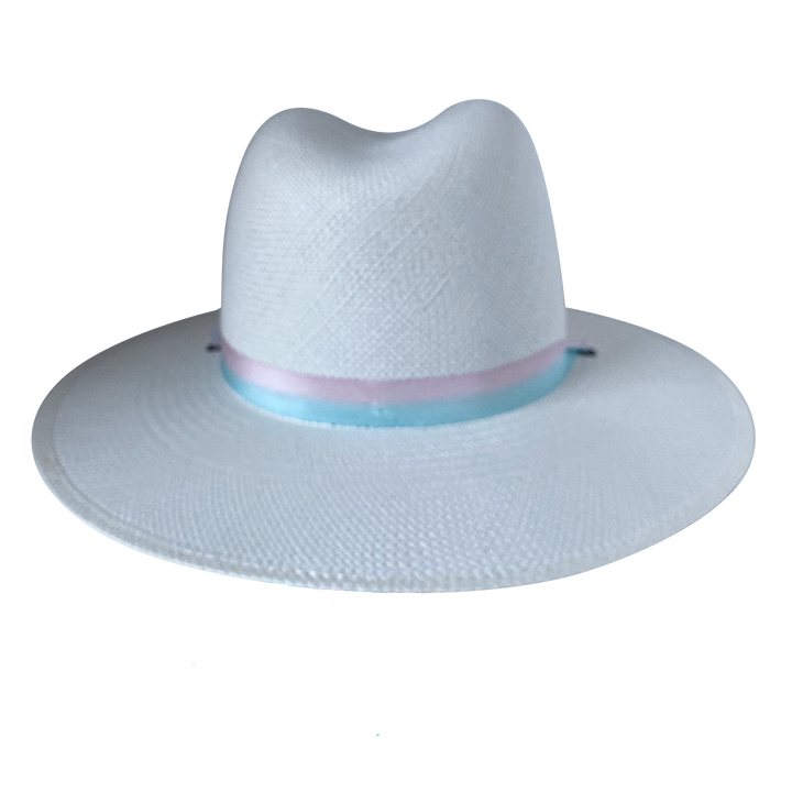 Khia Tullae The Audrey white toquilla straw wide-brim hat with a pastel pink and blue silk ribbon half band, back product cutout