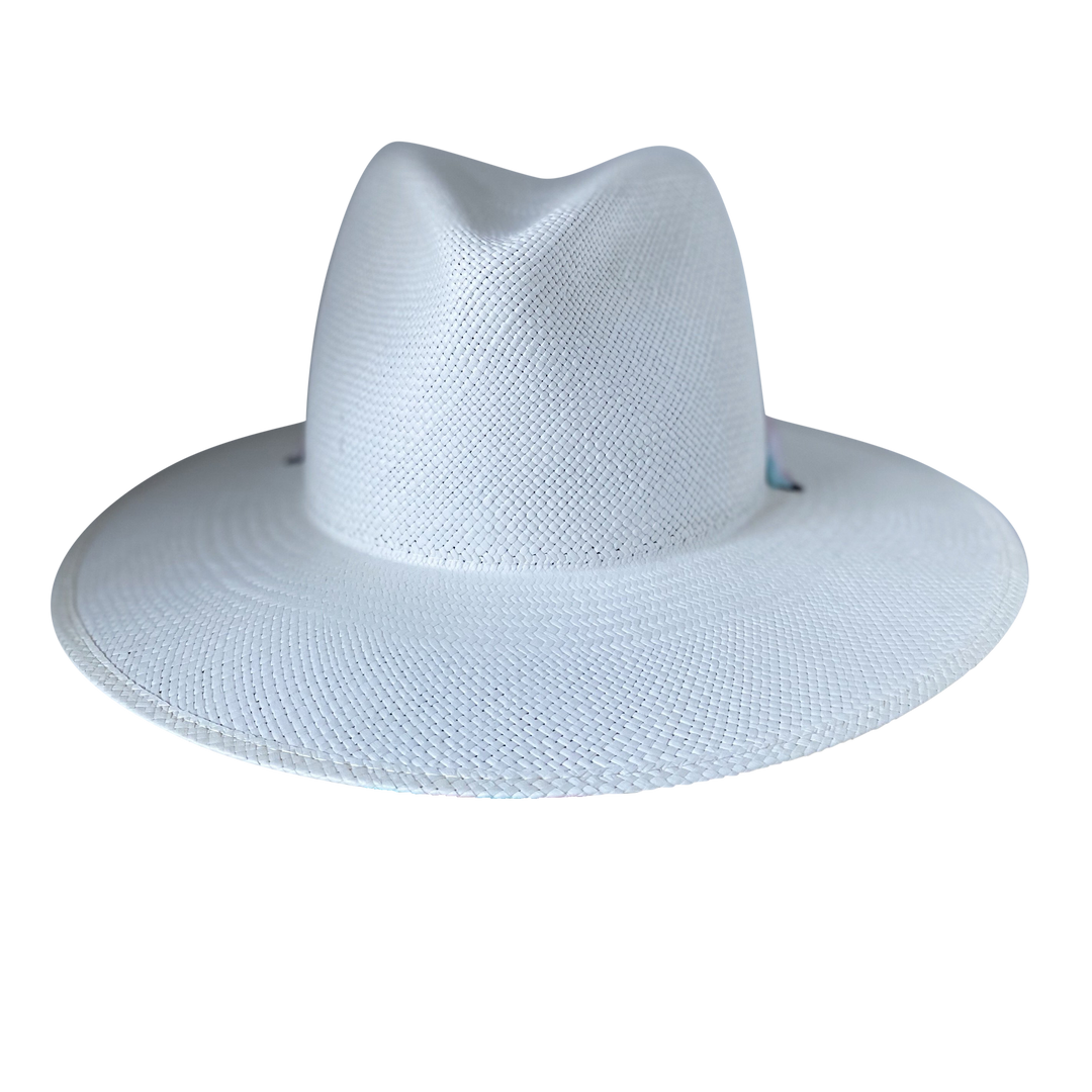 Khia Tullae The Audrey white toquilla straw wide-brim hat with a pastel piink and blue silk ribbon half band, front product cutout
