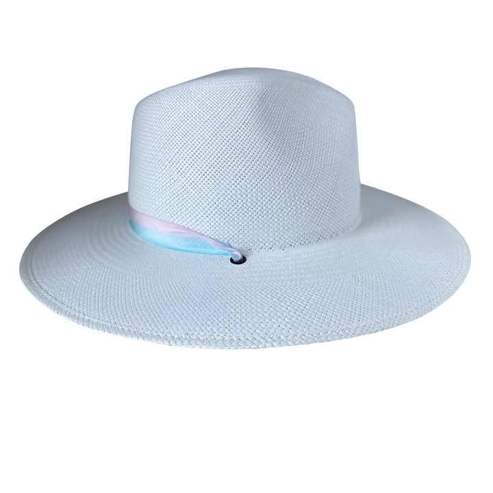 Khia Tullae The Audrey white toquilla straw wide-brim hat with a pastel pink and blue silk ribbon half band, right-side product cutout