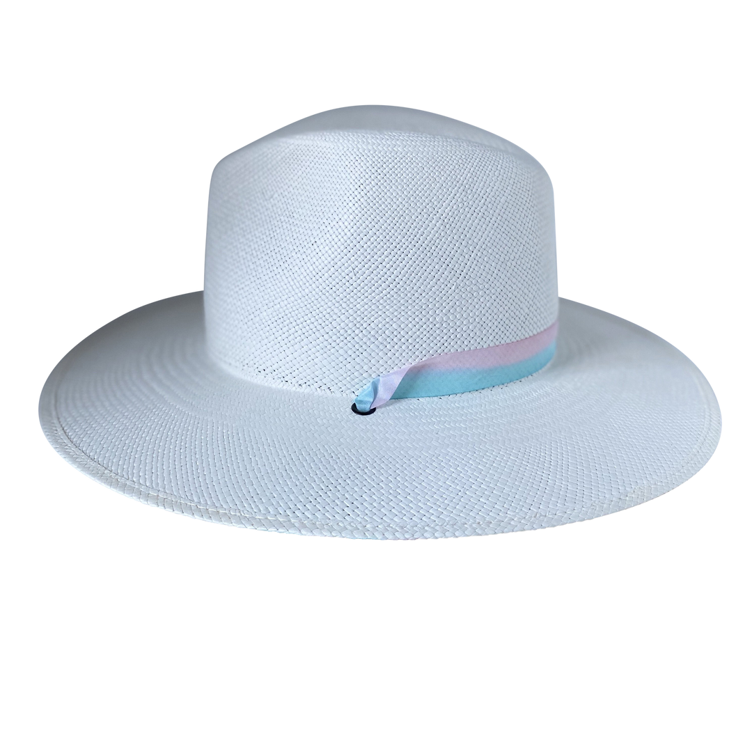 Khia Tullae The Audrey white toquilla straw wide-brim hat with a pastel pink and blue silk ribbon half band, right-side product cutout