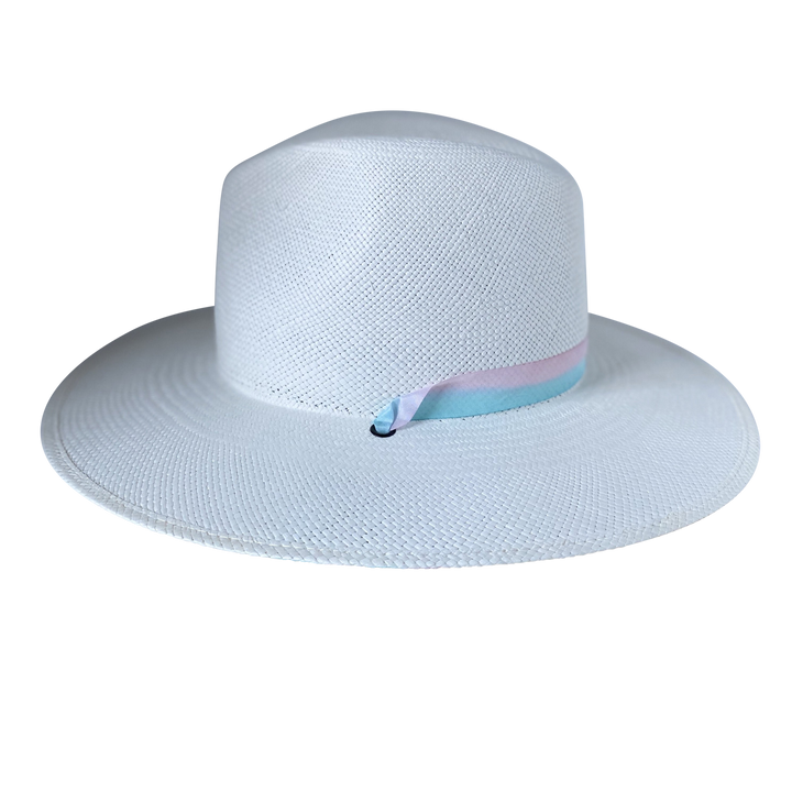 Khia Tullae The Audrey white toquilla straw wide-brim hat with a pastel pink and blue silk ribbon half band, right-side product cutout