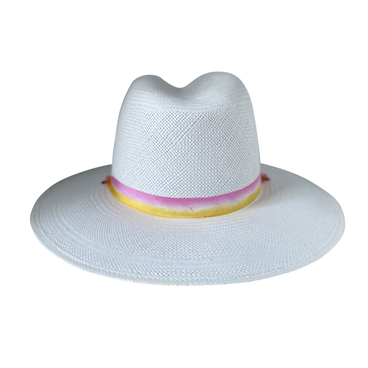 Khia Tullae The Bailey white toquilla straw wide-brim hat with a pastel pink and yellow silk ribbon half band, back product cutout