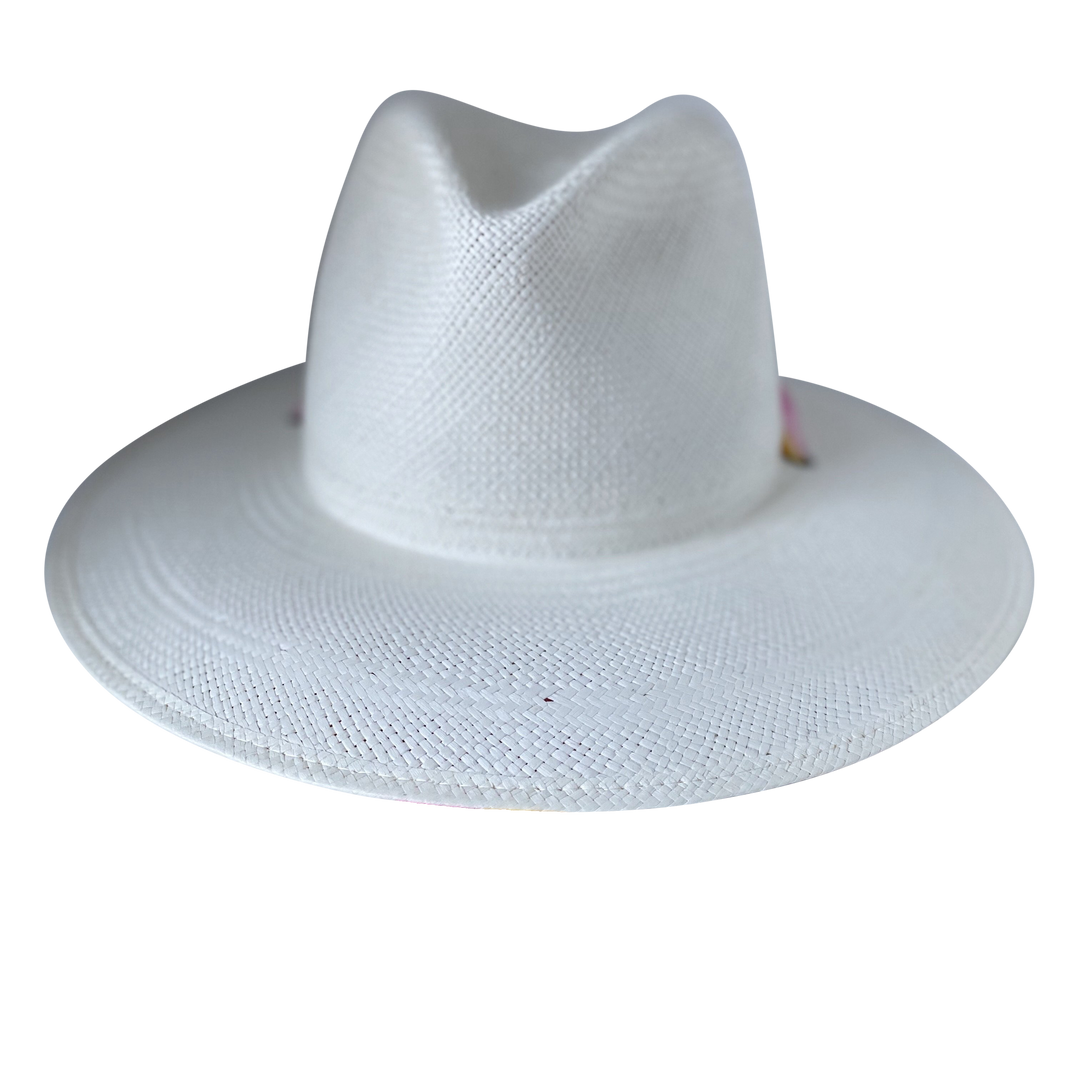 Khia Tullae The Bailey white toquilla straw wide-brim hat with a pastel pink and yellow silk ribbon half band, front product cutout