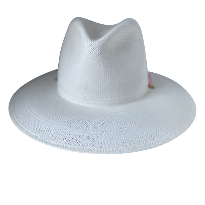 Khia Tullae The Bailey white toquilla straw wide-brim hat with a pastel pink and yellow silk ribbon half band, front product cutout