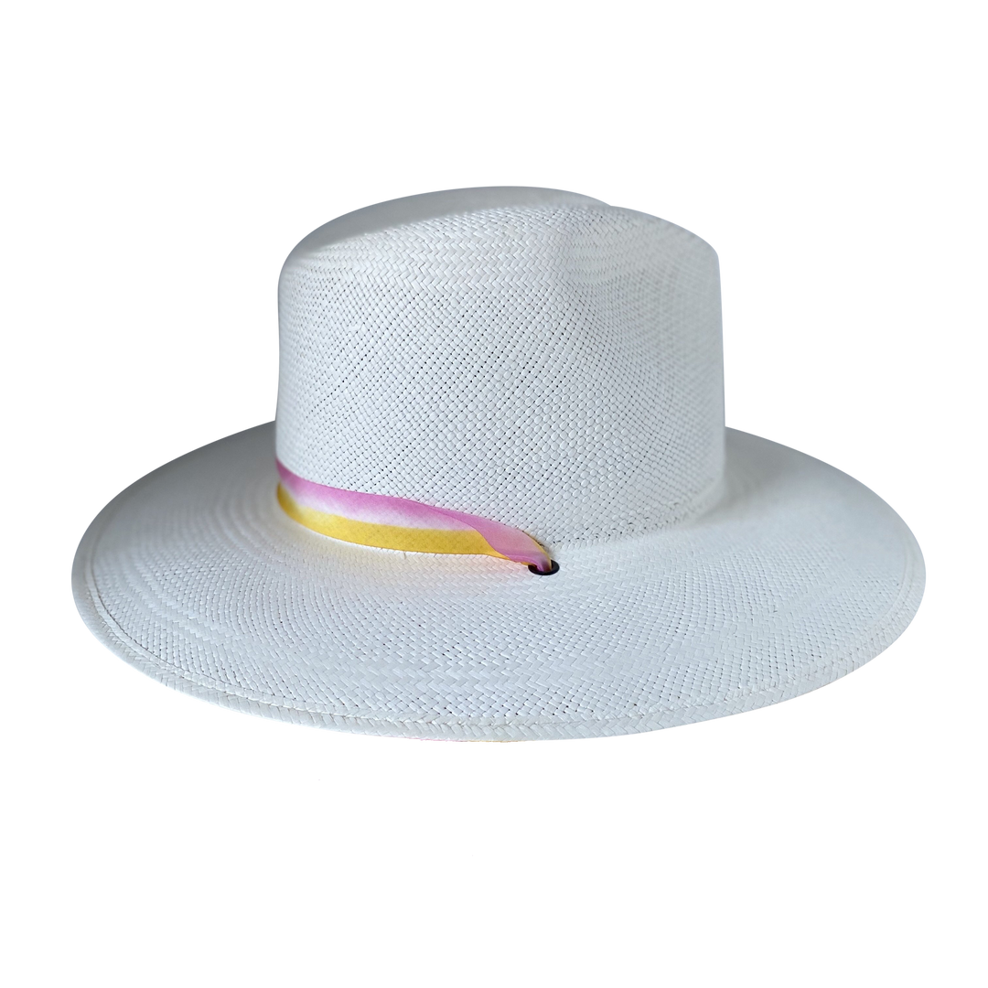 Khia Tullae The Bailey white toquilla straw wide-brim hat with a pastel pink and yellow silk ribbon half band, left-side product cutout
