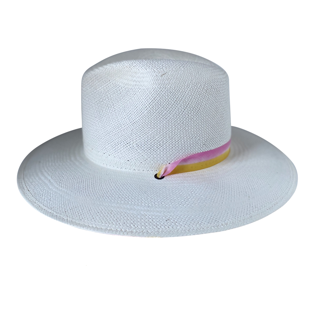 Khia Tullae The Bailey white toquilla straw wide-brim hat with a pastel pink and yellow silk ribbon half band, right-side product cutout