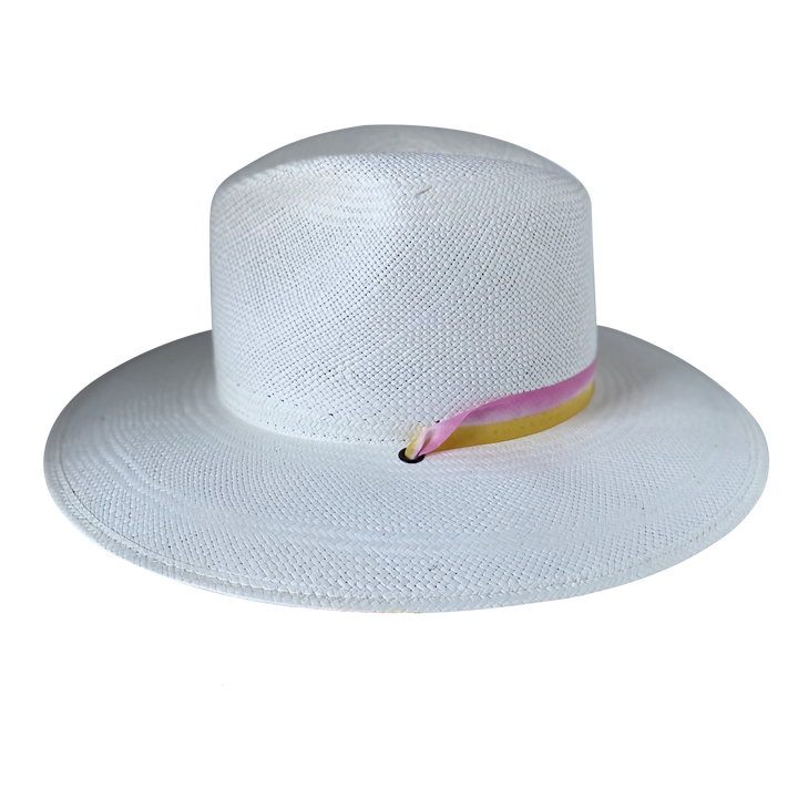 Khia Tullae The Bailey white toquilla straw wide-brim hat with a pastel pink and yellow silk ribbon half band, right-side product cutout