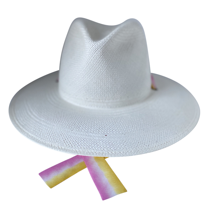 The Bailey white toquilla straw wide-brim hat with yellow and pink silk drop-down ribbon, front product cutout