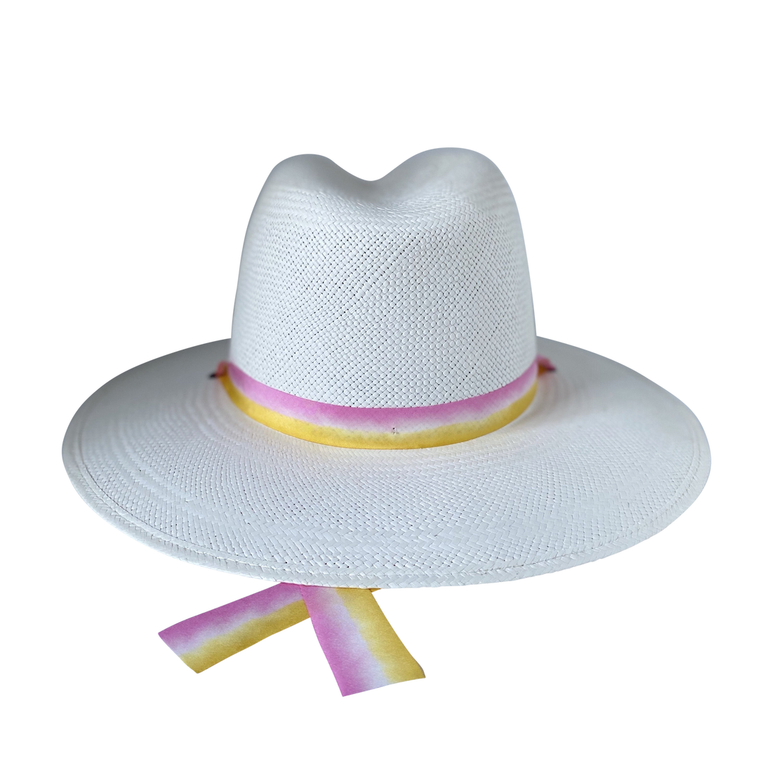 The Bailey white toquilla straw wide-brim hat with yellow and pink silk drop-down ribbon, back product cutout