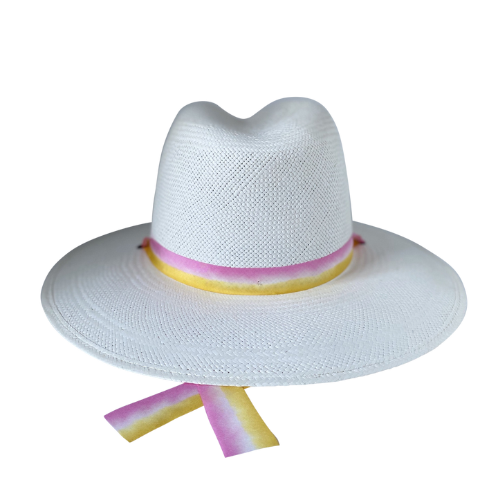 The Bailey white toquilla straw wide-brim hat with yellow and pink silk drop-down ribbon, back product cutout
