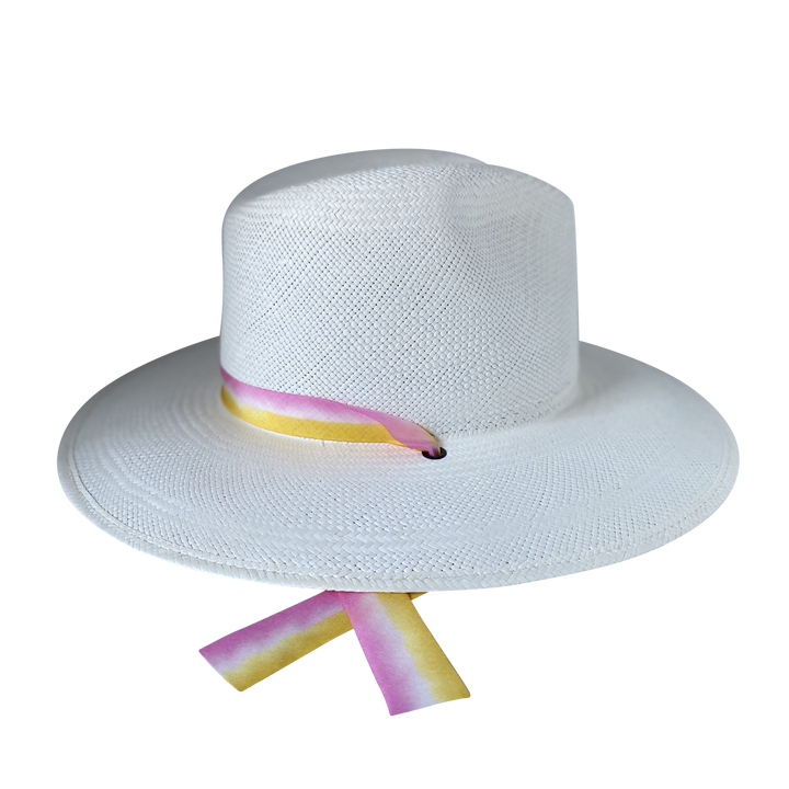 Khia Tullae The Bailey white toquilla straw wide-brim hat with yellow and pink drop-down silk ribbon ties, left product cutout