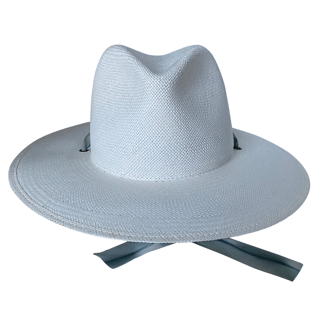 Khia Tullae The Bexley white toquilla straw wide-brim hat with blue-grey silk drop-down ribbon, front product cutout