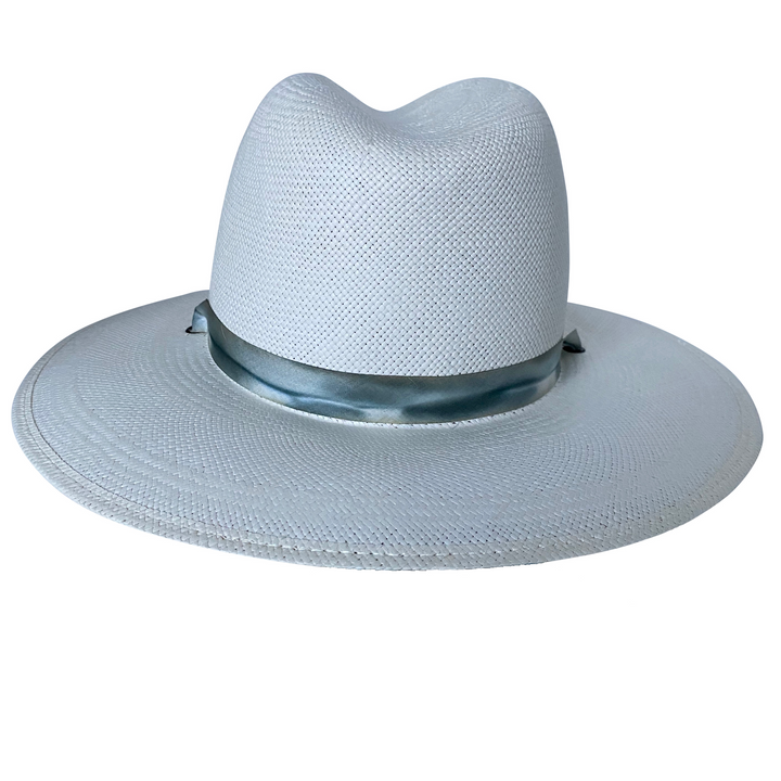 Khia Tullae The Bexley white toquilla straw wide-brim hat with a blue and grey silk ribbon half band, back product cutout