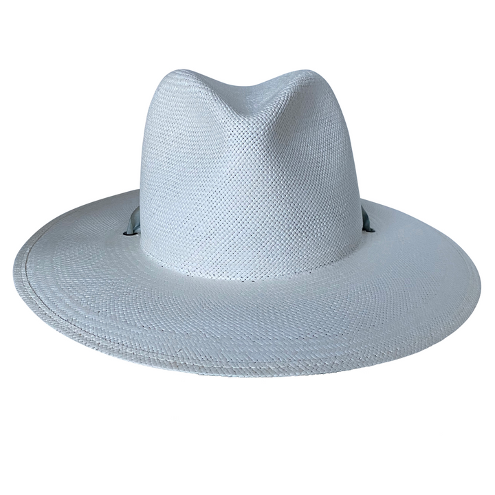 Khia Tullae The Bexley white toquilla straw wide-brim hat with a blue and grey silk ribbon half band, front product cutout