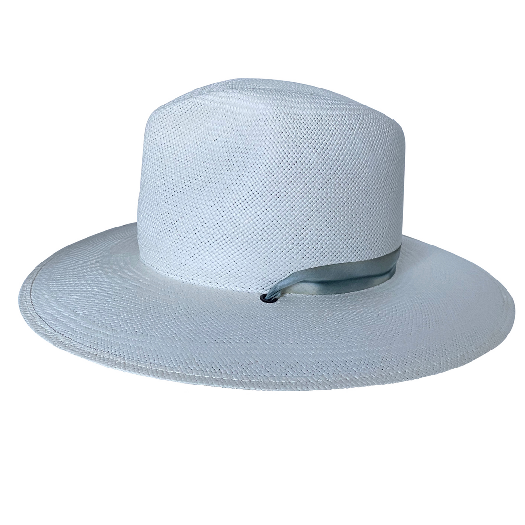 Khia Tullae The Bexley white toquilla straw wide-brim hat with a blue and grey silk ribbon half band, right-side product cutout