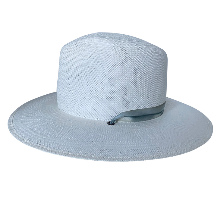 Khia Tullae The Bexley white toquilla straw wide-brim hat with a blue and grey silk ribbon half band, right-side product cutout