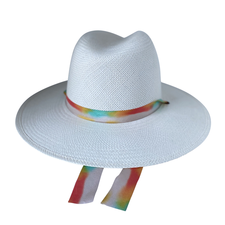 Khia Tullae The Billie white toquilla straw wide-brim hat with multicolor pastel rainbow silk drop-down ribbon, back product cutout
