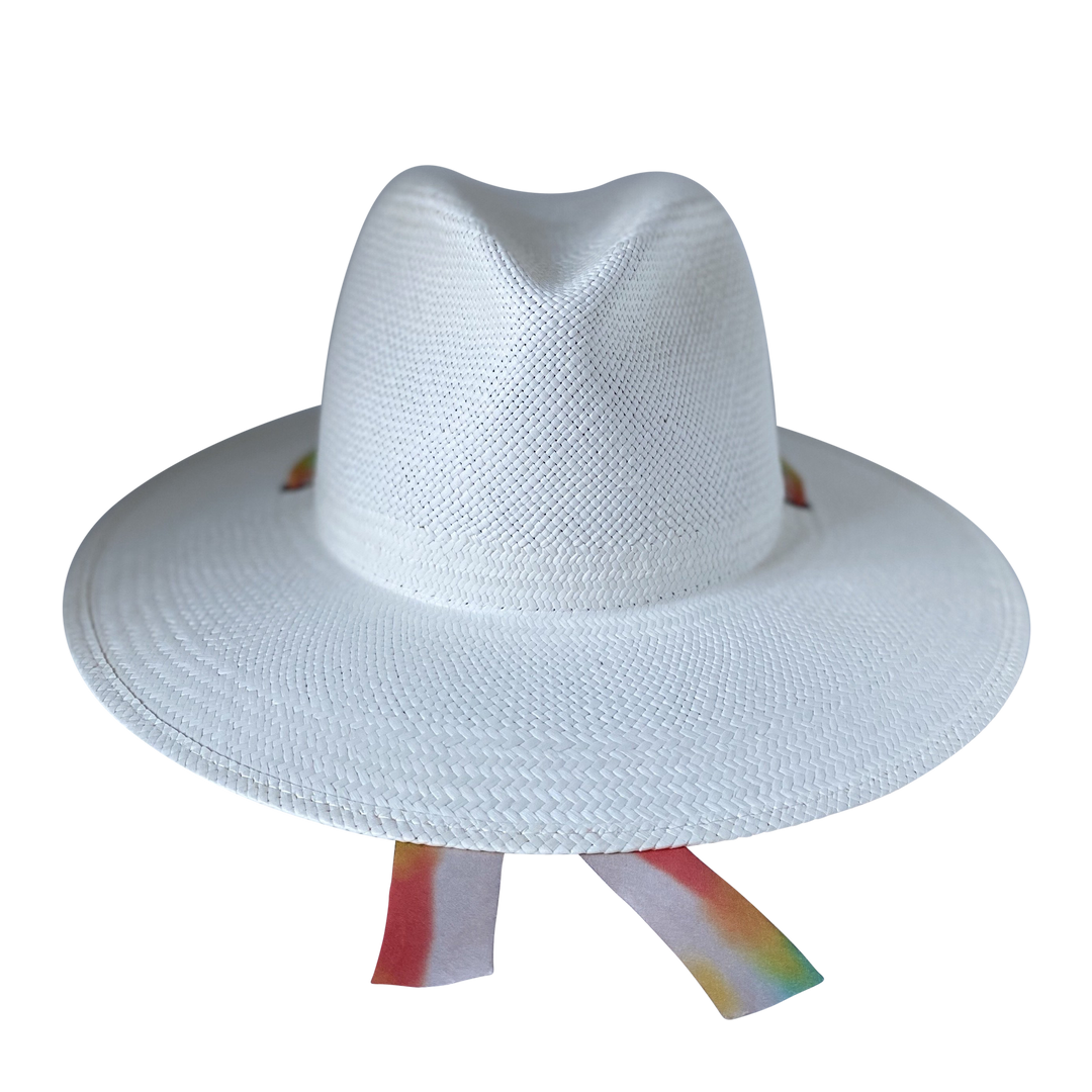 Khia Tullae The Billie white toquilla straw wide-brim hat with multicolor pastel rainbow silk drop-down ribbon, front product cutout