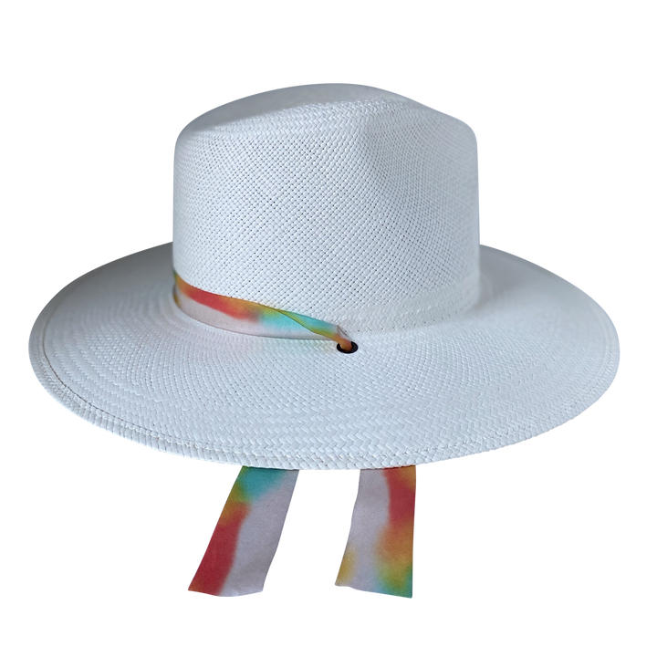 Khia Tullae The Billie white toquilla straw wide-brim hat with multicolor pastel rainbow silk drop-down ribbon, left-side product cutout