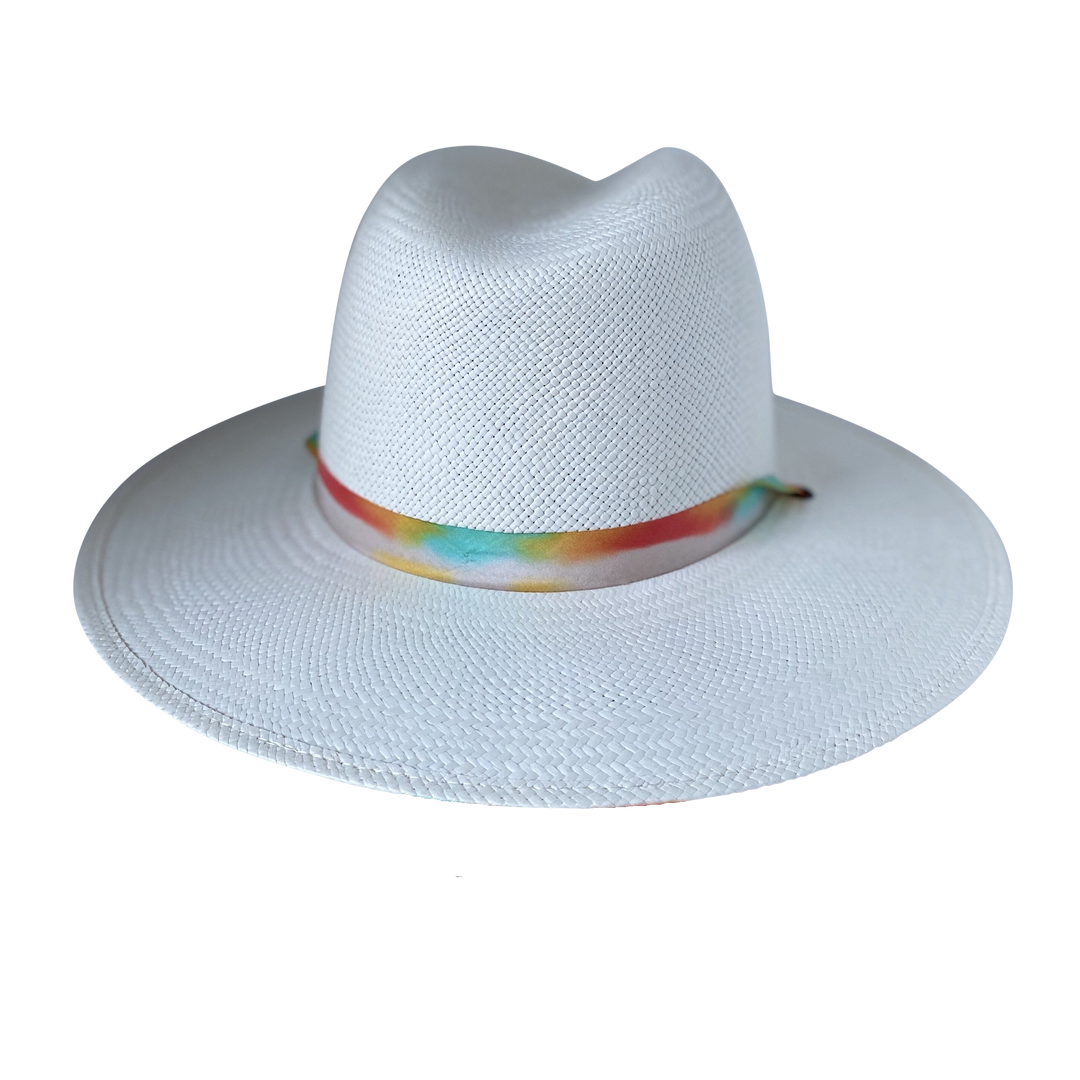 Khia Tullae The Billie white toquilla straw wide-brim hat with a multicolor pastel rainbow silk ribbon half band, back product cutout