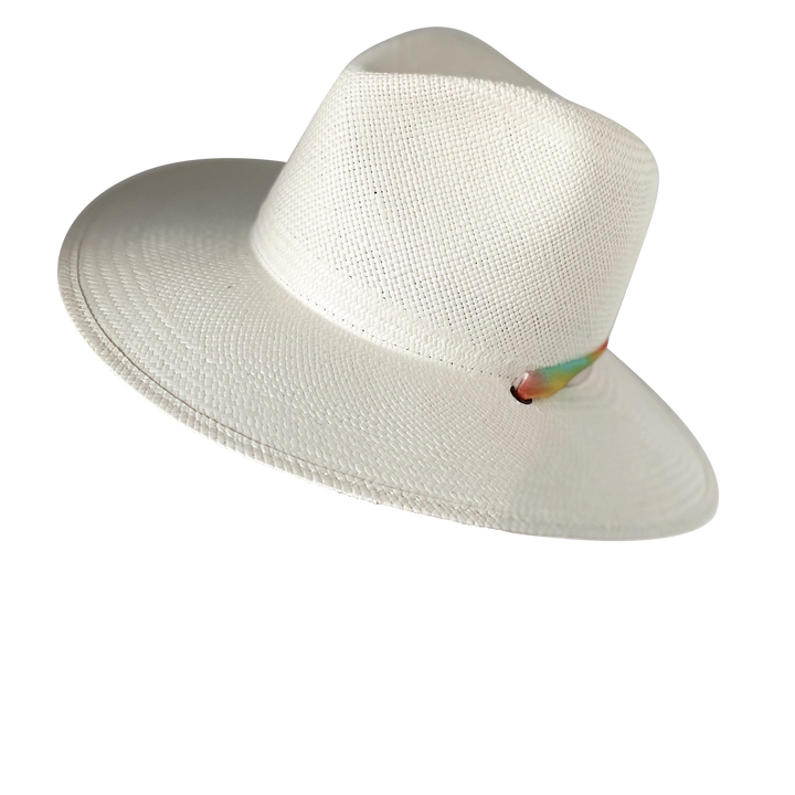 Khia Tullae The Billie white toquilla straw wide-brim hat with a multicolor pastel rainbow silk ribbon half band, front angled product cutout

