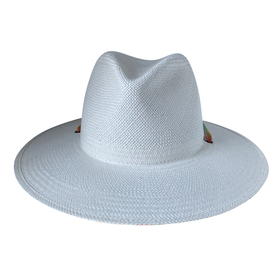 Khia Tullae The Billie white toquilla straw wide-brim hat with a multicolor pastel rainbow silk ribbon half band, front product cutout
