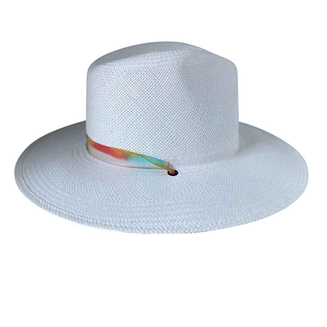 Khia Tullae The Billie white toquilla straw wide-brim hat with a multicolor pastel rainbow silk ribbon half band, left-side product cutout