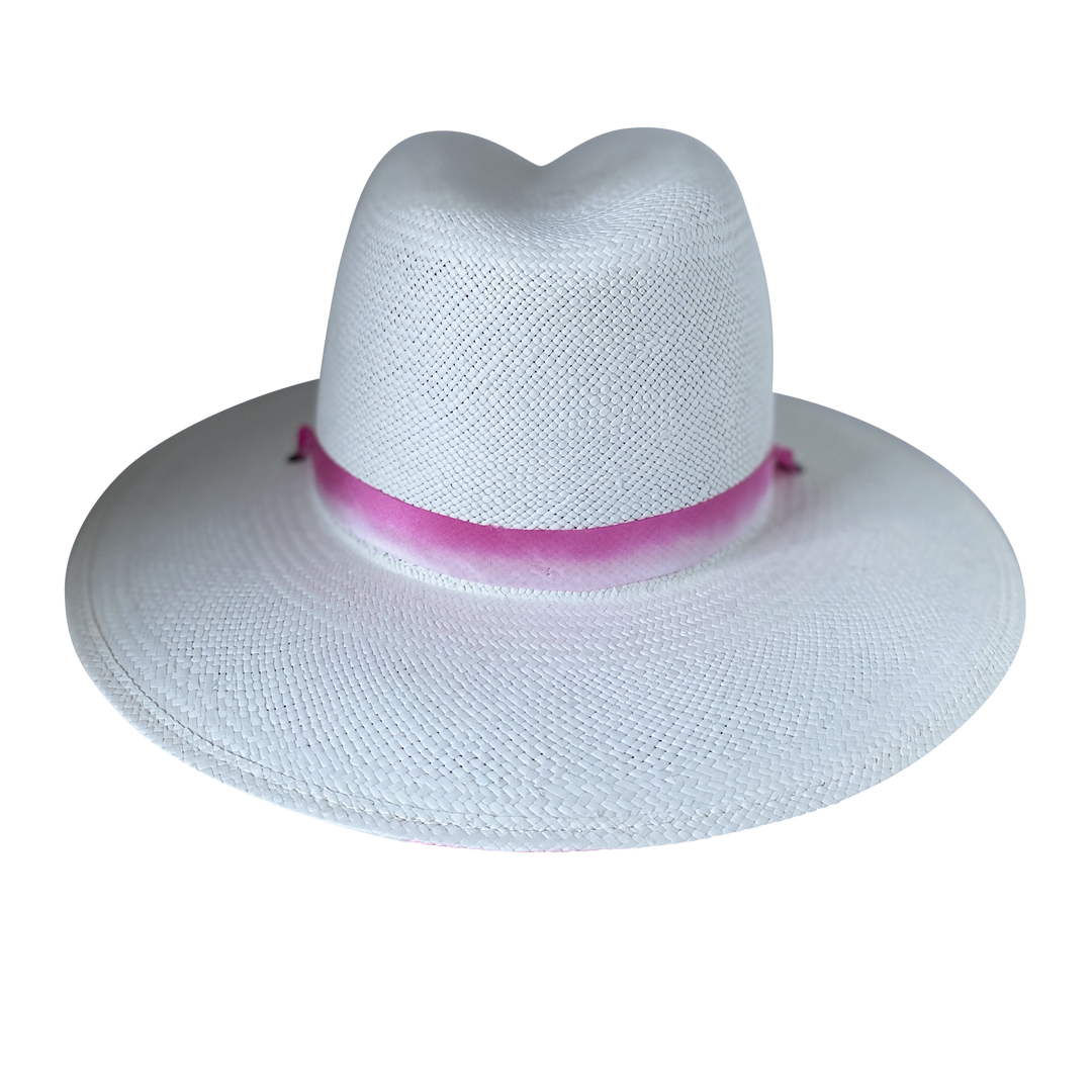Khia Tullae The Brynn white toquilla straw wide-brim hat with a pastel pink tie-dye silk ribbon half band, back product cutout