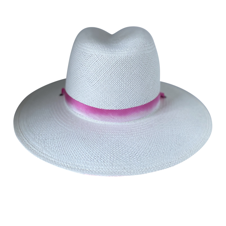 Khia Tullae The Brynn white toquilla straw wide-brim hat with a pastel pink tie-dye silk ribbon half band, back product cutout