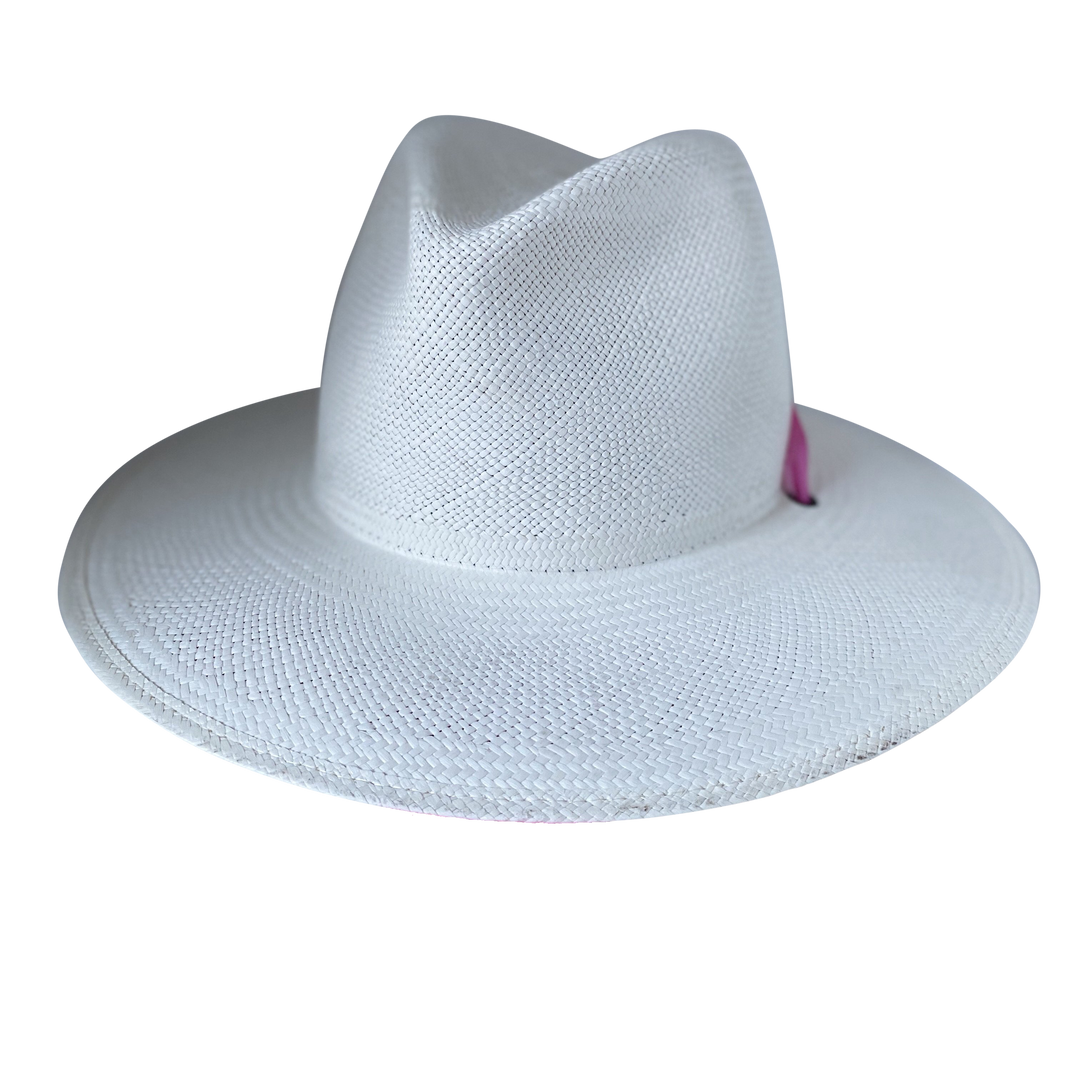 Khia Tullae The Brynn white toquilla straw wide-brim hat with a pastel pink tie-dye silk ribbon half band, front product cutout
