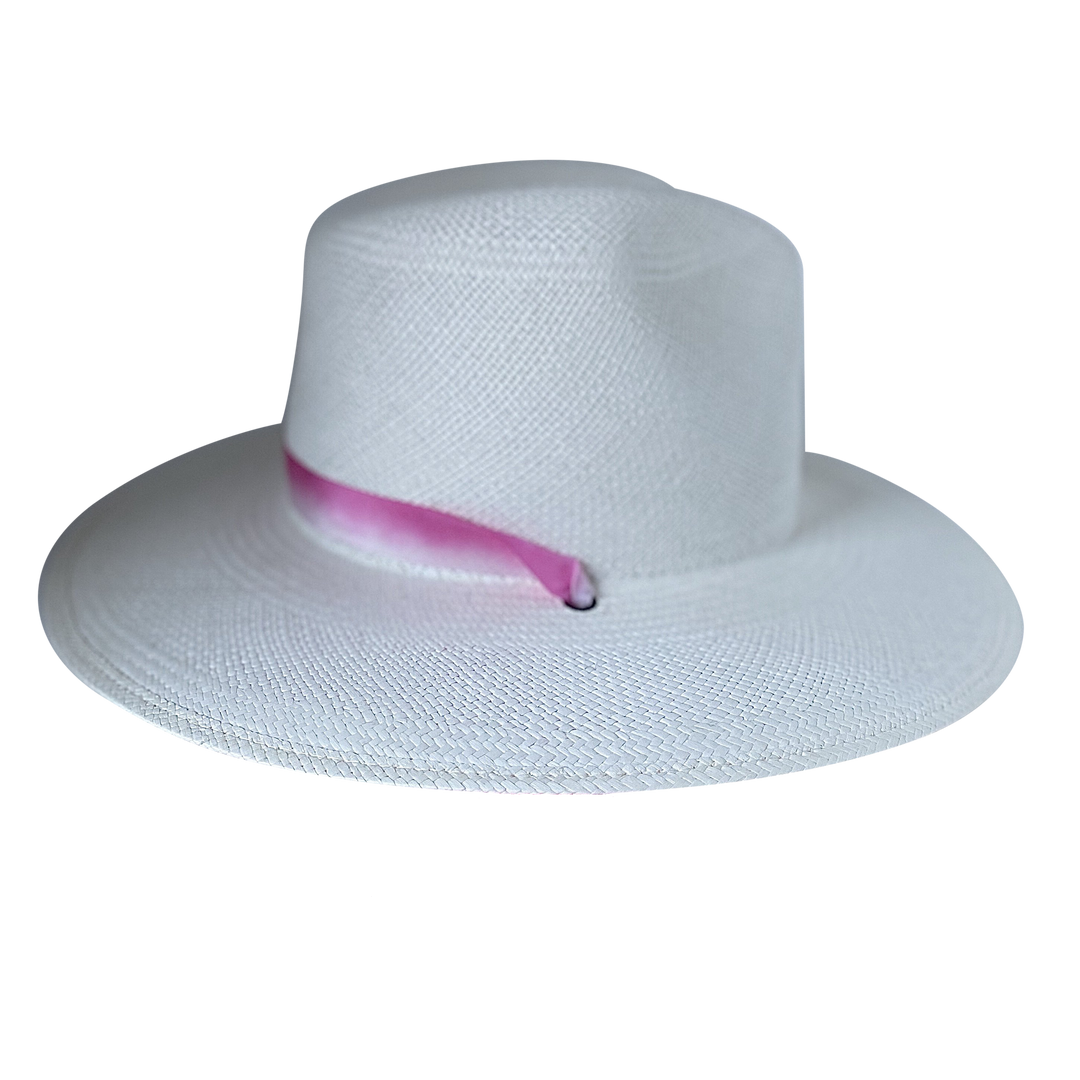 Khia Tullae The Brynn white toquilla straw wide-brim hat with a pastel pink tie-dye silk ribbon half band, left-side product cutout
