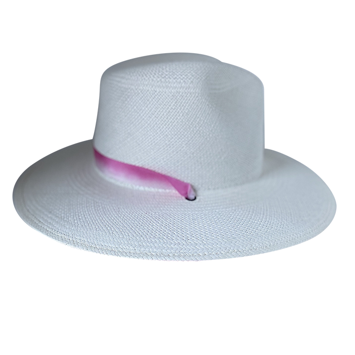 Khia Tullae The Brynn white toquilla straw wide-brim hat with a pastel pink tie-dye silk ribbon half band, left-side product cutout