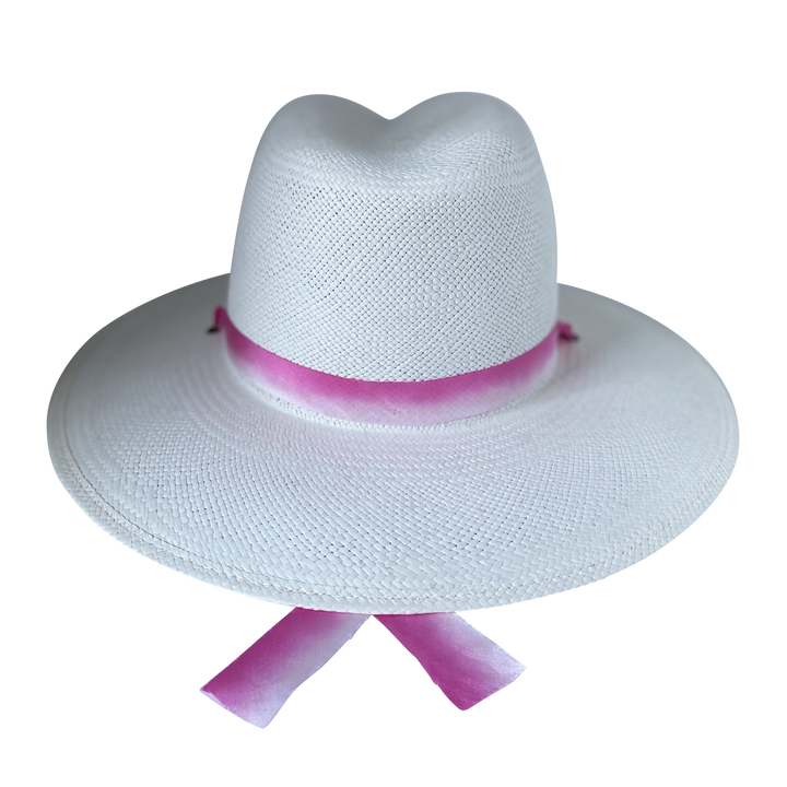 Khia Tullae The Brynn white toquilla straw wide-brim hat with pink and white silk drop-down ribbon, back product cutout