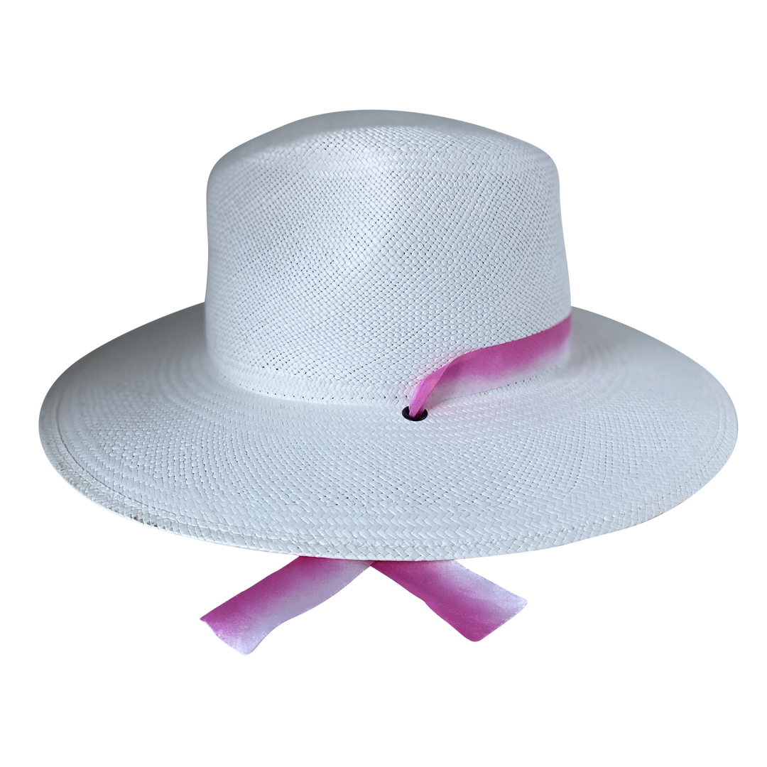 Khia Tullae The Brynn white toquilla straw wide-brim hat with pink and white silk drop-down ribbon, right-side product cutout