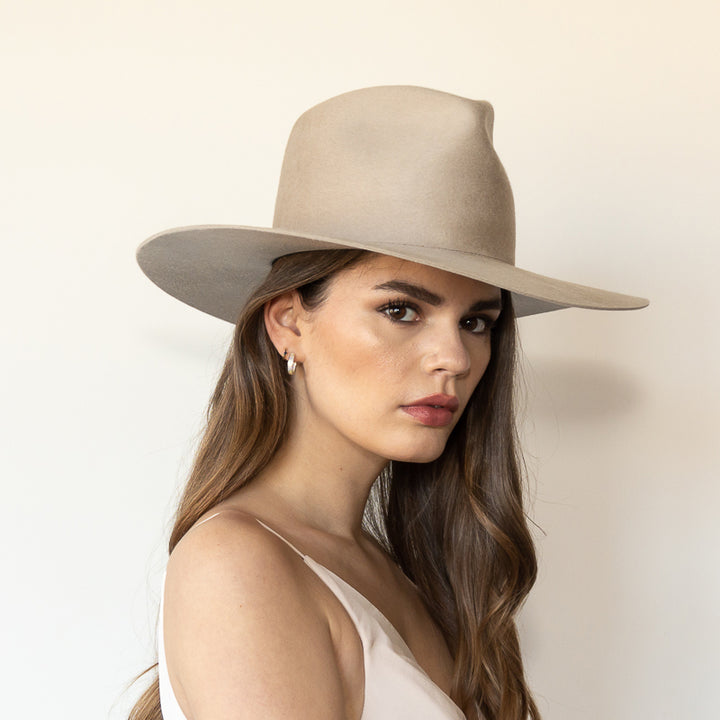 The Crosby mist wool wide-brim fedora, angled front right view on model