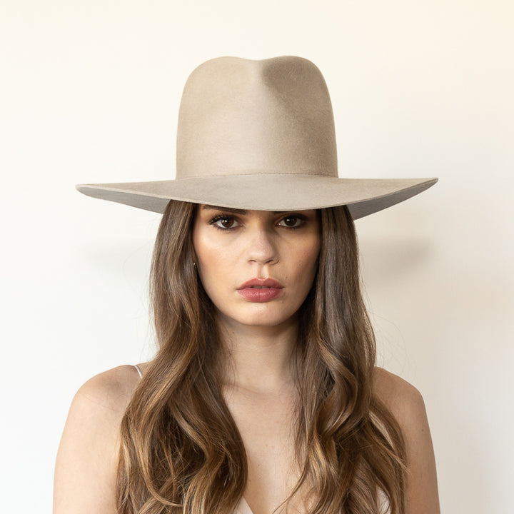 Khia Tullae The Crosby mist wool wide-brim fedora, front view on model
