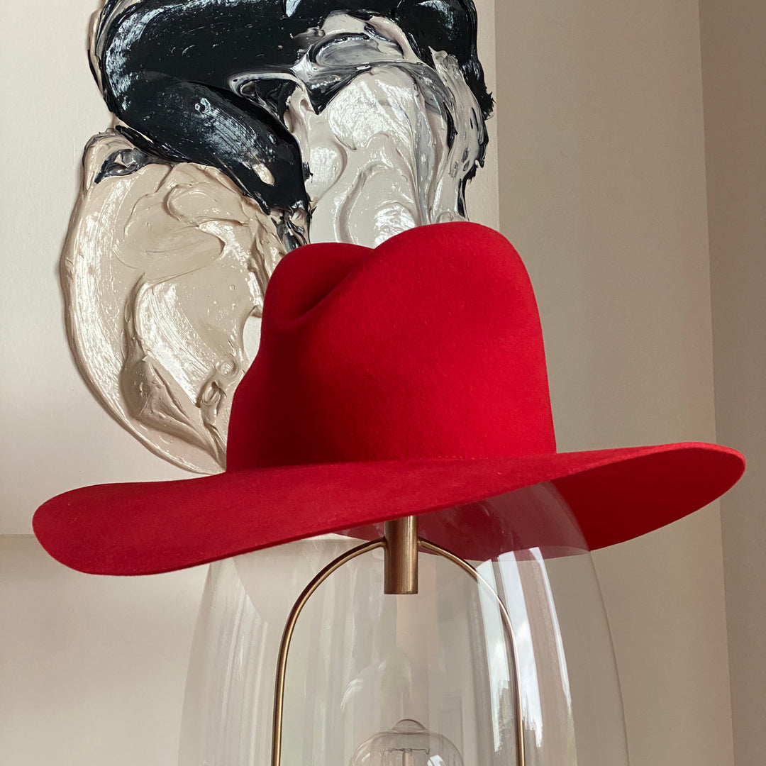 Khia Tullae The Delancey fedora in cardinal, 100% wool, angled view
