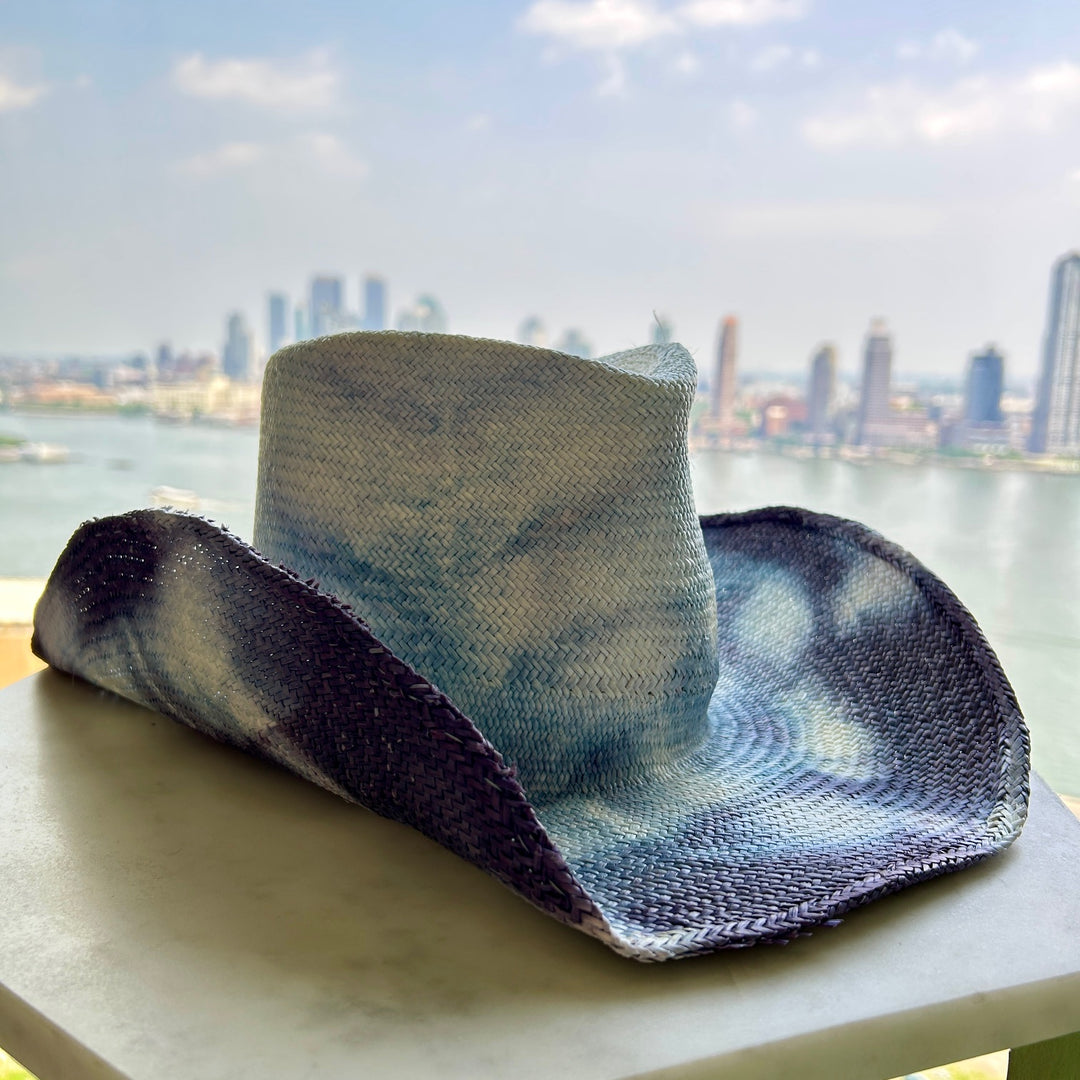 Khia Tullae The Everly toquilla straw cowboy hat front - blue and white tie-dye

