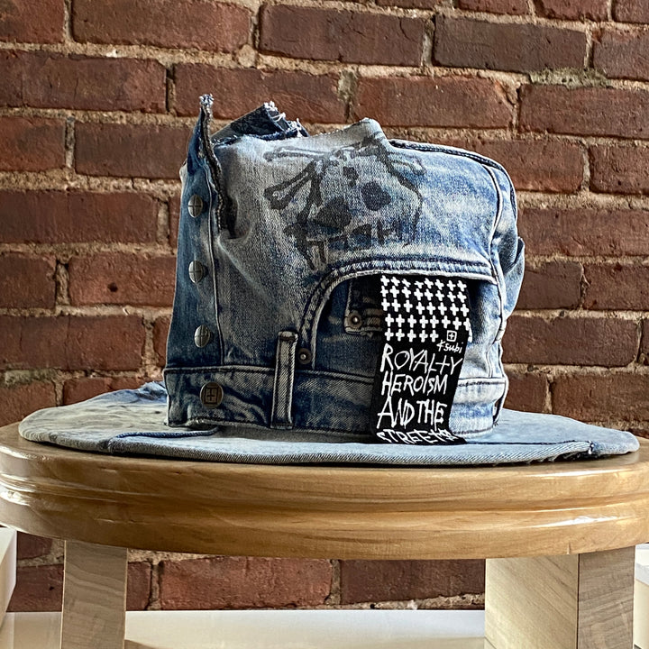 Khia Tullae The Fausta Tall Boy denim hat, Denim Creations Collection, lifestyle side flat view