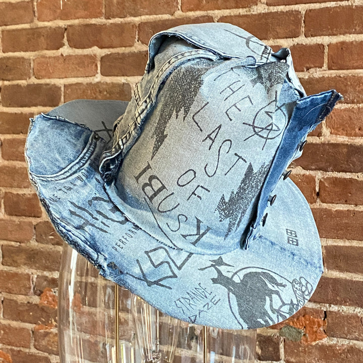 Khia Tullae The Fausta Tall Boy denim hat, Denim Creations Collection, lifestyle front angled view