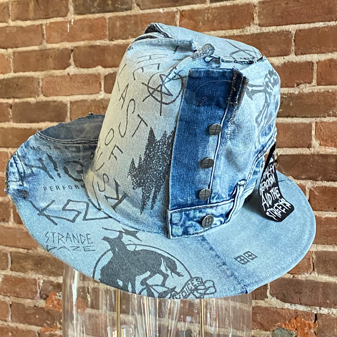 Khia Tullae The Fausta Tall Boy denim hat, Denim Creations Collection, lifestyle side angle view