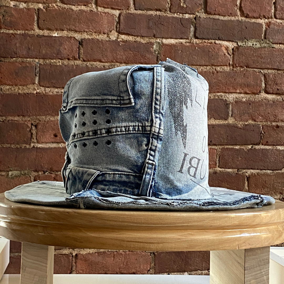 Khia Tullae The Fausta Tall Boy denim hat, Denim Creations Collection, lifestyle back flat view